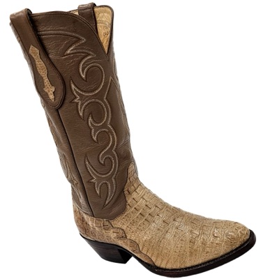 Brown Western boot with elaborate stitched shaft and textured vamp